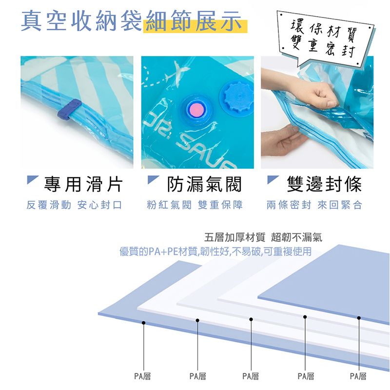 真空收納袋細節展示環保材質雙重密封 專用滑片 防漏反覆滑動 安心封口 粉紅氣閥 雙重保障雙邊封條兩條密封 來回緊合五層加厚材質 超韌不漏氣優質的PA+PE材質,韌性好,不易破,可重複使用PA層PA層PA層PA層PA層