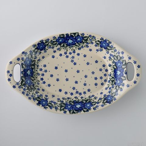 波蘭陶 青花涼夏系列 雙耳長形深餐盤 32.5cm 波蘭手工製