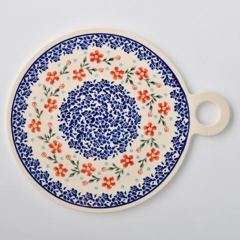 波蘭陶 藍印紅花系列 圓形呈菜盤 22.8x27.5 cm 波蘭手工製