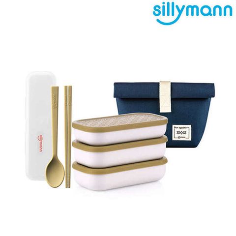 【韓國sillymann】 100%鉑金矽膠餐盒三件組+兒童餐具套裝組(附防塵盒)-綠