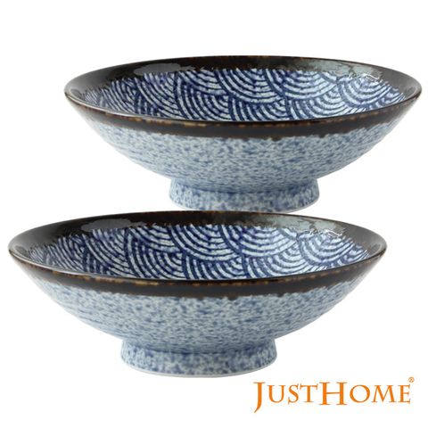 Just Home日本製藍彩浪紋陶瓷9.5吋拉麵碗(2件組)
