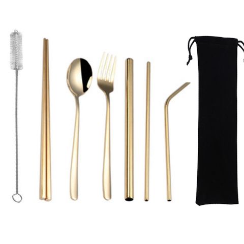 PUSH!餐具用品鍍鈦環保彩色304不銹鋼勺子筷子套裝吸管8件套裝(1入組)E135金色