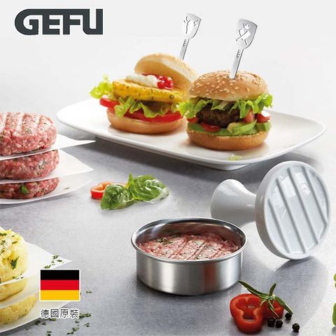 Gefu 漢堡肉模型與壓肉器 15400 + 不鏽鋼漢堡叉 2入 15435