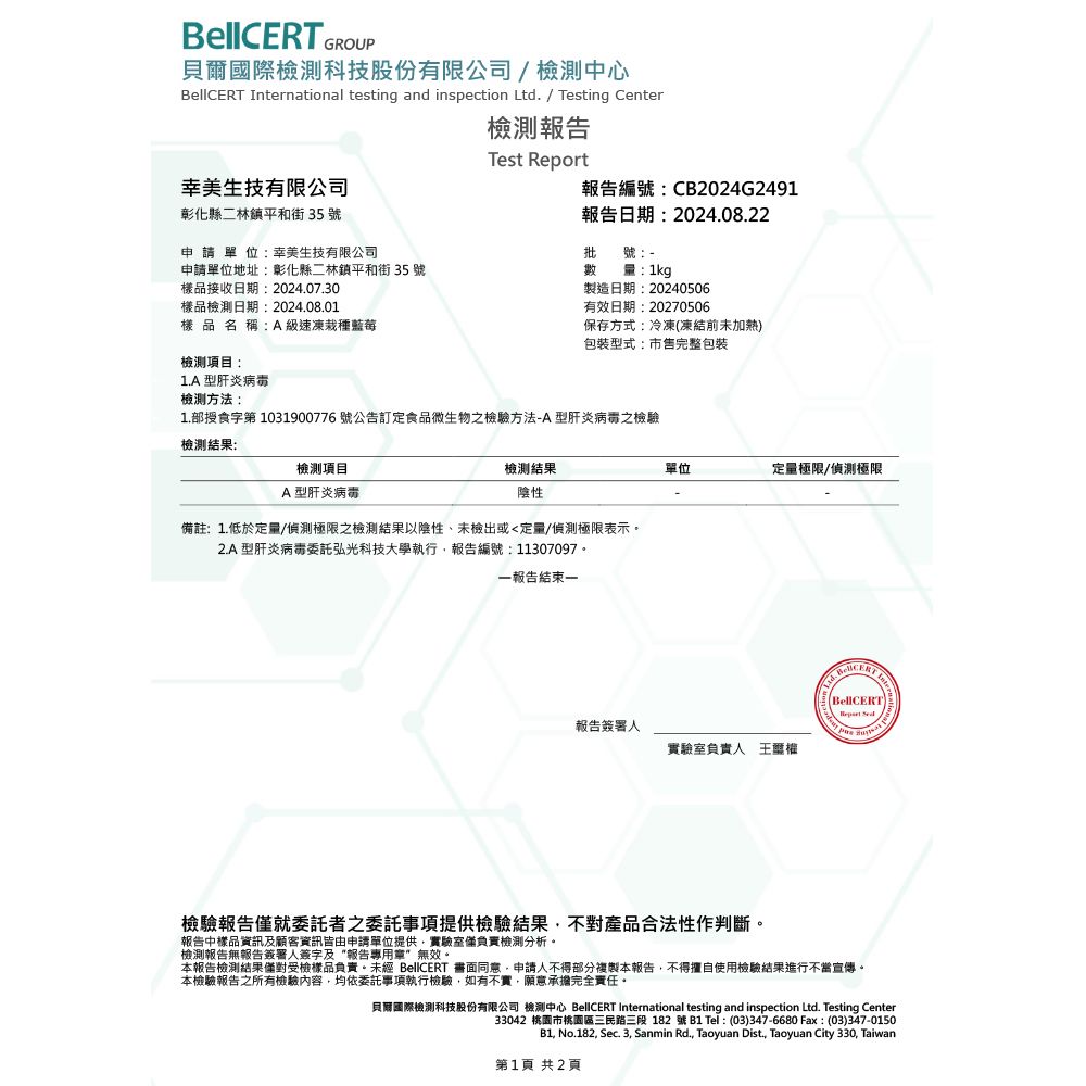 貝爾國際檢測科技股份有限公司檢測中心 national testing and inspection Ltd / Testing Center檢測報告Test 美生技有限公司彰化縣二林鎮平和街 35 號申請單位幸美生技有限公司報告編號:CB2024G2491報告日期:2024.08.22批號:申請單位地址:彰化縣二林鎮平和街 35 號數量:1kg樣品接收日期:2024.07.30樣品檢測日期:2024.08.01樣品名稱:A級速凍栽種藍莓檢測項目:1.A型肝炎病毒檢測方法:製造日期:20240506有效日期:20270506保存方式:冷凍(凍結前未加熱)包裝型式:市售完整包裝1.部授食字第 1031900776 號公告訂定食品微生物之檢驗方法-A型肝炎病毒之檢驗檢測結果:檢測項目A型肝炎病毒檢測結果陰性備註:1.低於定量/偵測極限之檢測結果以陰性、未檢出或定量/偵測極限表示2.A型肝炎病毒委託弘光科技大學執行報告編號:11307097一報告結束一單位定量極限/偵測極限報告簽署人實驗室負責人王BellCERTInterBellCERTReport 檢驗報告僅就委託者之委託事項提供檢驗結果不對產品合法性作判斷。報告中樣品資訊及顧客資訊皆由申請單位提供實驗室僅負責檢測分析。檢測報告無報告簽署人簽字及報告專用章無效。本報告檢測結果僅對受檢樣品負責。未經 BellCERT 書面同意。申請人不得部分複製本報告,不得擅自使用檢驗結果進行不當宣傳。本檢驗報告之所有檢驗內容,均依委託事項執行檢驗,如有不實,願意承擔完全責任。貝爾國際檢測科技股份有限公司 檢測中心 BellCERT International testing and inspection Ltd. Testing Center33042 市桃園區三民路三段182號B1 Tel: (03)347-6680 Fax:(03)347-0150B1, No.182, Sec. 3, Sanmin Rd., Taoyuan Dist., Taoyuan City 330, Taiwan第1頁 共2頁