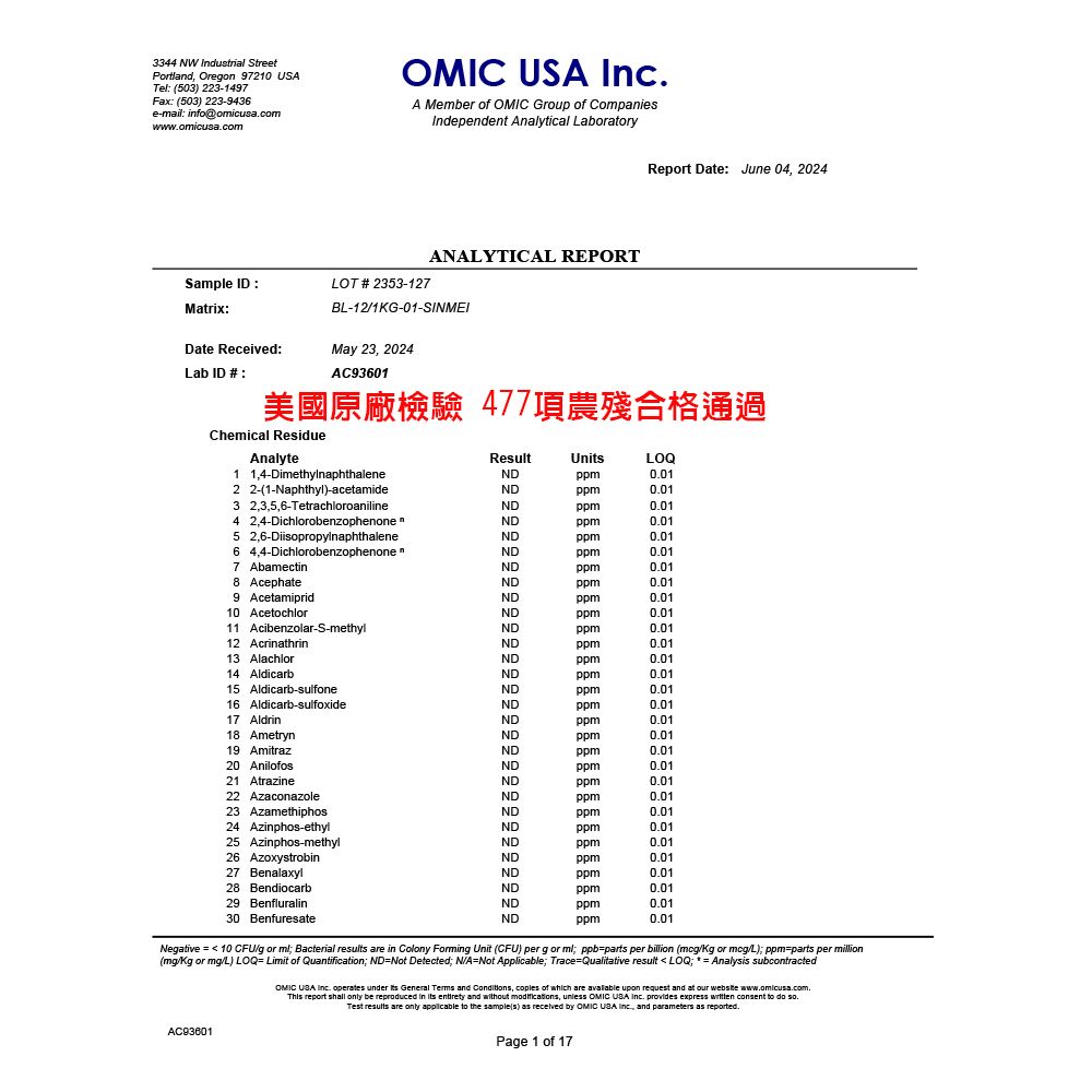 3344 NW Industrial StreetPortland Oregon 97210 Tel 503 2231497Fax 503) 2239436email: fo@omicusacomwwwomicusacom  A Member of OMIC Group of CompaniesIndependent Analytical aboratoryReport Date: June 04 2024ANALYTICAL REPORTSample ID :Matrix:LOT #2353-127BL-121KG-01-SINMEIDate Received:May 23, 2024Lab ID #:AC93601美國原廠檢驗 477項農殘合格通過Chemical ResidueAnalyte1 1,4-DimethylnaphthaleneResultUnLOQ2 2-(1-Naphthyl)-acetamide3 2,3,5,6-Tetrachloroaniline4 2,4-Dichlorobenzophenone 5 2,6-Diipropylnaphthalene6 4,4-Dichlorobenzophenone7 Abamectin8 Acephate9 Acetamiprid10 Acetochlor11 Acibenzolar-S-methyl12 Acrinathrin13 Alachlor14 Aldicarb15 Aldicarb-sulfone16 Aldicarb-sulfoxide17 Aldrin18 Ametryn19 Amitraz20 Anilofos21 Atrazine22 Azaconazole23 Azamethiphos24 Azinphos-ethyl25 Azinphos-methyl26 Azoxystrobin27 Benalaxyl28Bendiocarb29 Benfluralin30 BenfuresateNDppm0.01NDppm0.01NDppm0.01NDppm0.01NDppm0.01NDppm0.01NDppm0.01NDppm0.01NDppm0.01NDppm0.01NDppm0.01NDppm0.01NDppm0.01NDppm0.01NDppm0.01NDppm0.01NDppm0.01NDppm0.01NDppm0.01NDppm0.01NDppm0.01NDppm0.01NDppm0.01NDppm0.01NDppm0.01NDppm0.01NDppm0.01NDppm0.01NDppm0.01NDppm0.01Negative   10 CFU/g or ml Bacterial results are in Colony Forming Unit (CFU) per g or ml ppb-parts per billion (/ or /L) ppm-parts per million(mg/ or mg/L) LOQ Limit of Quantification NDNot Detected N/ANot Applicable Trace-Qualitative result LOQ Analysis subcontractedAC93601OMIC   operates under  General Terms and , coples of which are  upon request and at our website www.omicusa.com.This report shall only be reproduced in its entirety and without ,  OMIC USA  provides express  consent to do so.Test results are only applicable to the sample(s) as received by OMIC USA Inc., and parameters as reported.Page 1 of 17