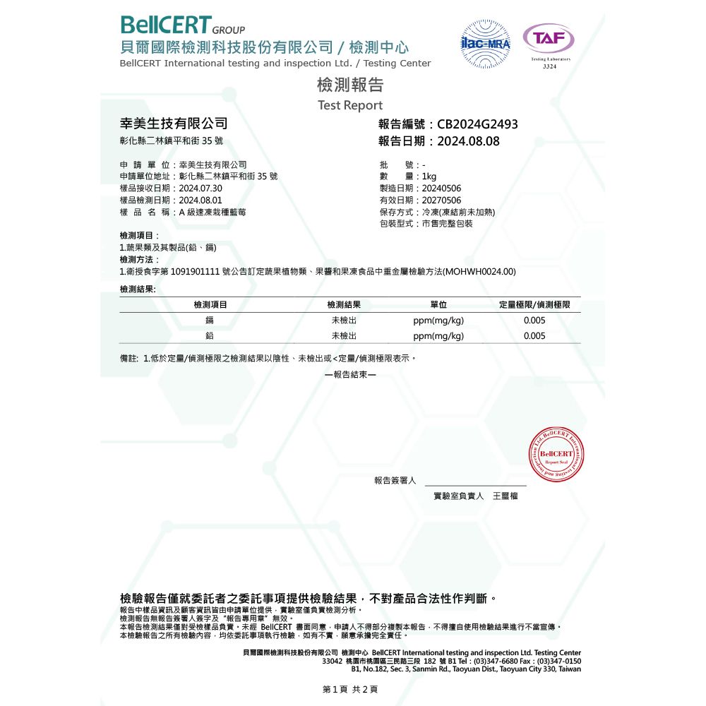貝國際檢測科技股份有限公司/檢測中心MRATAF  national testing and inspection  / Testing Center3324檢測報告Test Report生技有限公司報告編號:CB2024G2493彰化縣二林鎮平和街35號申請單位:幸美生技有限公司報告日期:2024.08.08批號申請單位地址:彰化縣二林鎮平和街 35 號樣品接收日期:2024.07.30樣品檢測日期:2024.08.01樣品名稱:A級速凍栽種藍莓檢測項目:1.蔬果類及其製品(鉛鎘檢測方法:量:1kgp製造日期:20240506有效日期:20270506保存方式:冷凍(凍結前未加熱)包裝型式:市售完整包裝1.衛授食字第 1091901111 號公告訂定蔬果植物類、和果凍食品中重金屬檢驗方法(MOHWH0024.00)檢測結果:檢測項目檢測結果單位定量極限/偵測極限鎘未檢出ppm(mg/kg)0.005鉛未檢出ppm(mg/kg)0.005備註:1.低於定量/偵測極限之檢測結果以陰性、未檢出或定量/偵測極限表示一報告結束一報告簽署人實驗室負責人王爾InterLtd.BellCERT檢驗報告僅就委託者之委託事項提供檢驗結果不對產品合法性作判斷報告中樣品資訊及顧客資訊皆由申請單位提供實驗室僅負責檢測分析。檢測報告無報告簽署人簽字及報告專用章無效。本報告檢測結果僅對受檢樣品負責 BellCERT 書面同意,申請人不得部分複製本報告,不得擅自使用檢驗結果進行不當宣傳。本檢驗報告之所有檢驗內容,均依委託事項執行檢驗,如有不實,願意承擔完全責任。貝爾國際檢測科技股份有限公司 檢測中心 BellCERT International testing and inspection Ltd. Testing Center33042 桃園市桃園區三民路三段 182號B1 Tel: (03)347-6680 Fax:(03)347-0150B1, No.182, Sec. 3, Sanmin Rd., Taoyuan Dist, Taoyuan City 330, Taiwan第1頁 共2頁