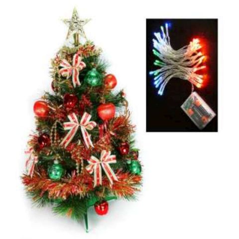 【摩達客】台灣製2尺/2呎(60cm)特級綠色松針葉聖誕樹 (+紅金色系飾品組)+LED50燈電池燈(彩光)