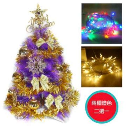 【摩達客】台灣製2尺(60cm)特級紫色松針葉聖誕樹 (金色系配件)+LED50燈彩色燈串(插電式透明線)