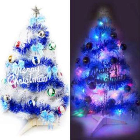 【摩達客】台灣製3尺特級白色松針葉聖誕樹(繽紛馬卡龍藍銀色系)+100燈LED燈彩光一串(附控制器跳機)
