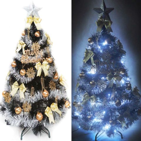 【摩達客】台灣製4尺(120cm)特級黑色松針葉聖誕樹(金銀系配件+100燈LED燈白光1串)(附控制器跳機)