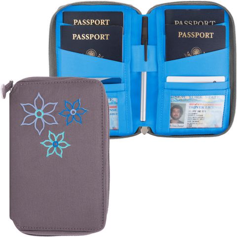 《TRAVELON》Bouquet繡花拉鍊防護證件護照夾(灰) | RFID防盜 護照保護套 護照包 多功能收納包