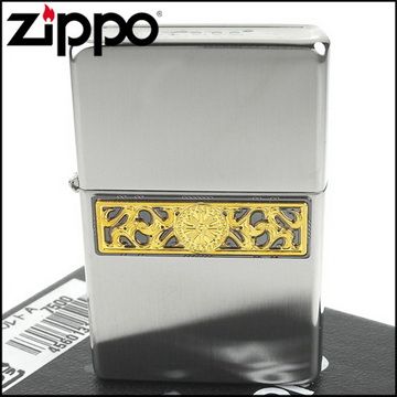 Zippo 日系~Bottomz Up-唐草圖案-頂部Logo刻印加工打火機(鎳古美款)