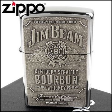 Zippo 美系~JIM BEAM金賓波本威士忌圖案貼飾打火機(銀色款)