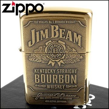 【ZIPPO】美系~JIM BEAM金賓波本威士忌圖案貼飾打火機(黃銅款)