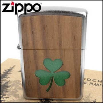 Zippo 美系~Clover-三葉草圖案-核桃木貼片打火機