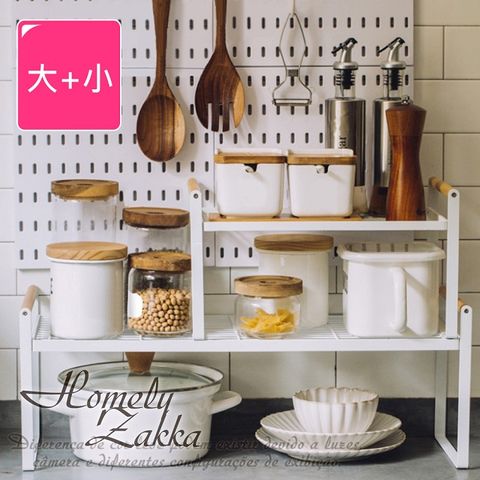 Homely Zakka 日式簡約木質藝鐵多功能分層置物架/湯鍋隔層收納架/整理架_大+小