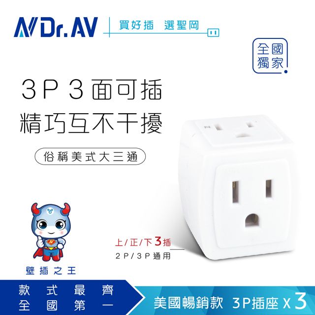 Dr.AV 聖岡科技 3孔插座X3可當3轉2孔使用字【N 】TNT-826_2入組  美式D型3P三面插分接器插頭壁插充擴座