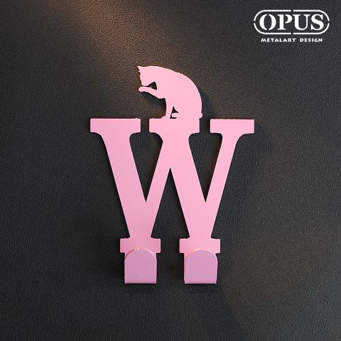 【OPUS東齊金工】當貓咪遇上字母W(粉) 壁飾掛勾 傢飾掛架生活收納衣架造型掛鉤無痕 HO-ca10-W(P)