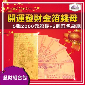  雙面彩色金箔2000元 開運發財金箔錢母 發財金 5張2000彩鈔+5個金箔紅包袋組 PG CITY