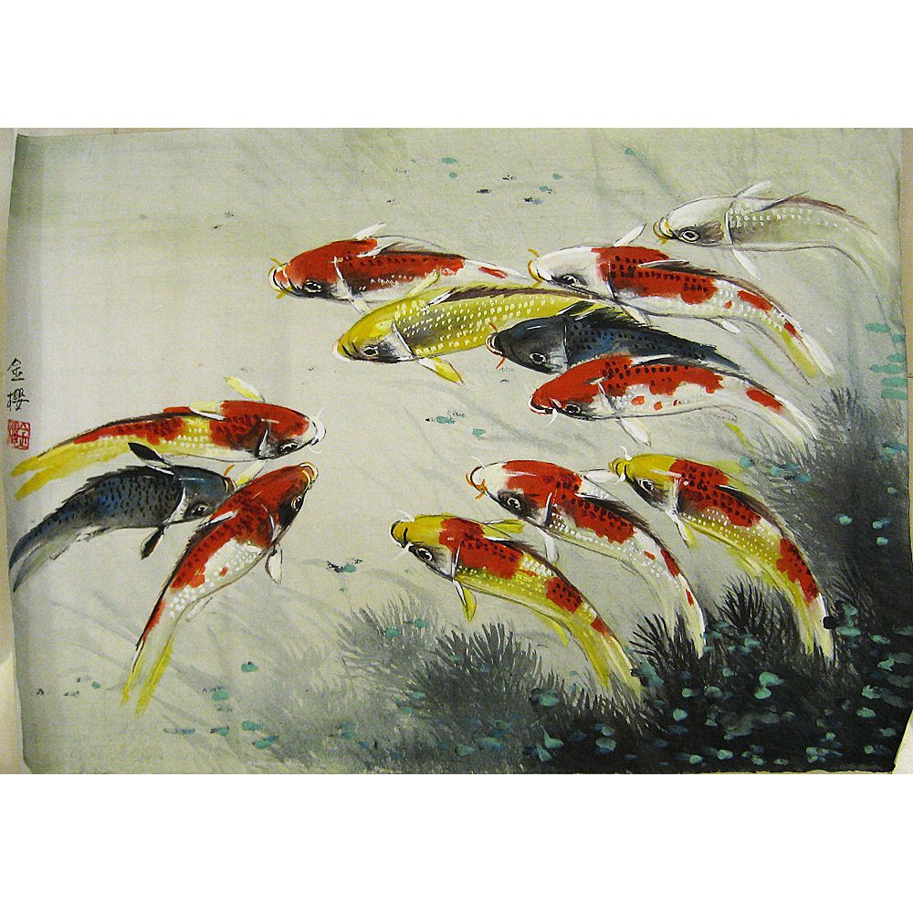 開運陶源手繪水墨原作連年有餘【錦鯉畫錦鯉圖】已裱框art66
