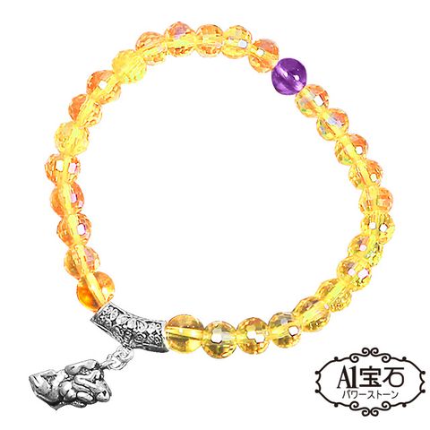 【A1寶石】純銀貔貅-黃水晶紫水晶手鍊-強力招財旺貴人運