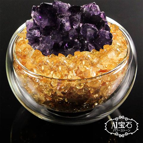 【A1寶石】日本頂級天然紫水晶花/黃水晶聚寶盆-招財轉運居家風水必備