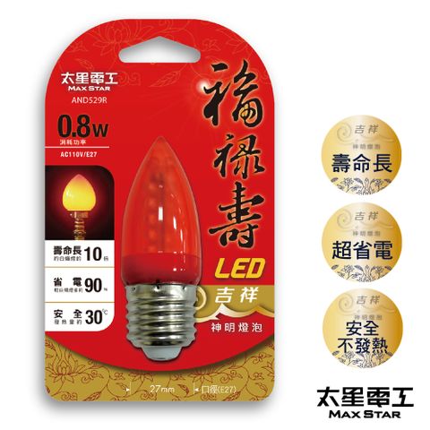 【太星電工】福祿壽LED吉祥神明燈泡E27/0.8W/紅光