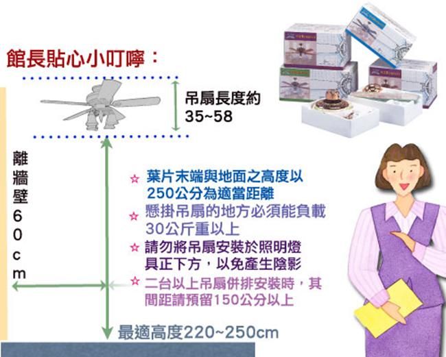 館長貼心小叮嚀:吊扇長度約35-58C葉片末端與地面之高度以250公分為適當距離懸掛吊扇的地方必須能負載30公斤重以上☆請勿將吊扇安裝於照明燈具正下方,以免產生陰影☆二台以上吊扇併排安裝時,其間距請預留150公分以上最適高度220~250cm