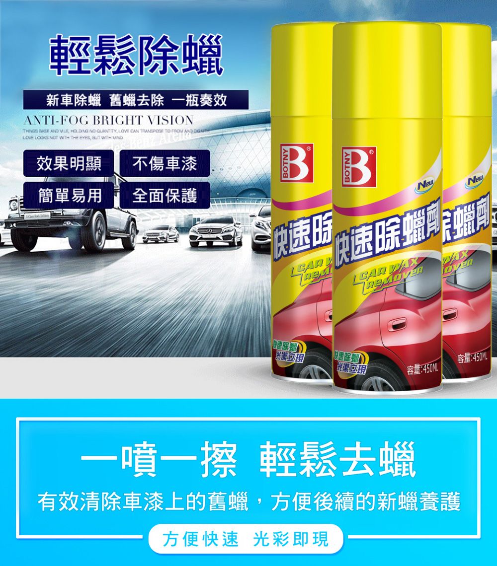 輕鬆新車 舊去除 一瓶奏效ANTI-FOG BRIGHT VISION      QUANTITY LOVE CAN   LOVE    THE    效果明顯不傷車漆簡單易用全面保護時New蠟蠟 快速除蠟快速除蠟光潔光潔容量:450ML容量:450ML一噴一擦 輕鬆去蠟有效清除車漆上的舊蠟,方便後續的新蠟養護方便快速 光彩即現