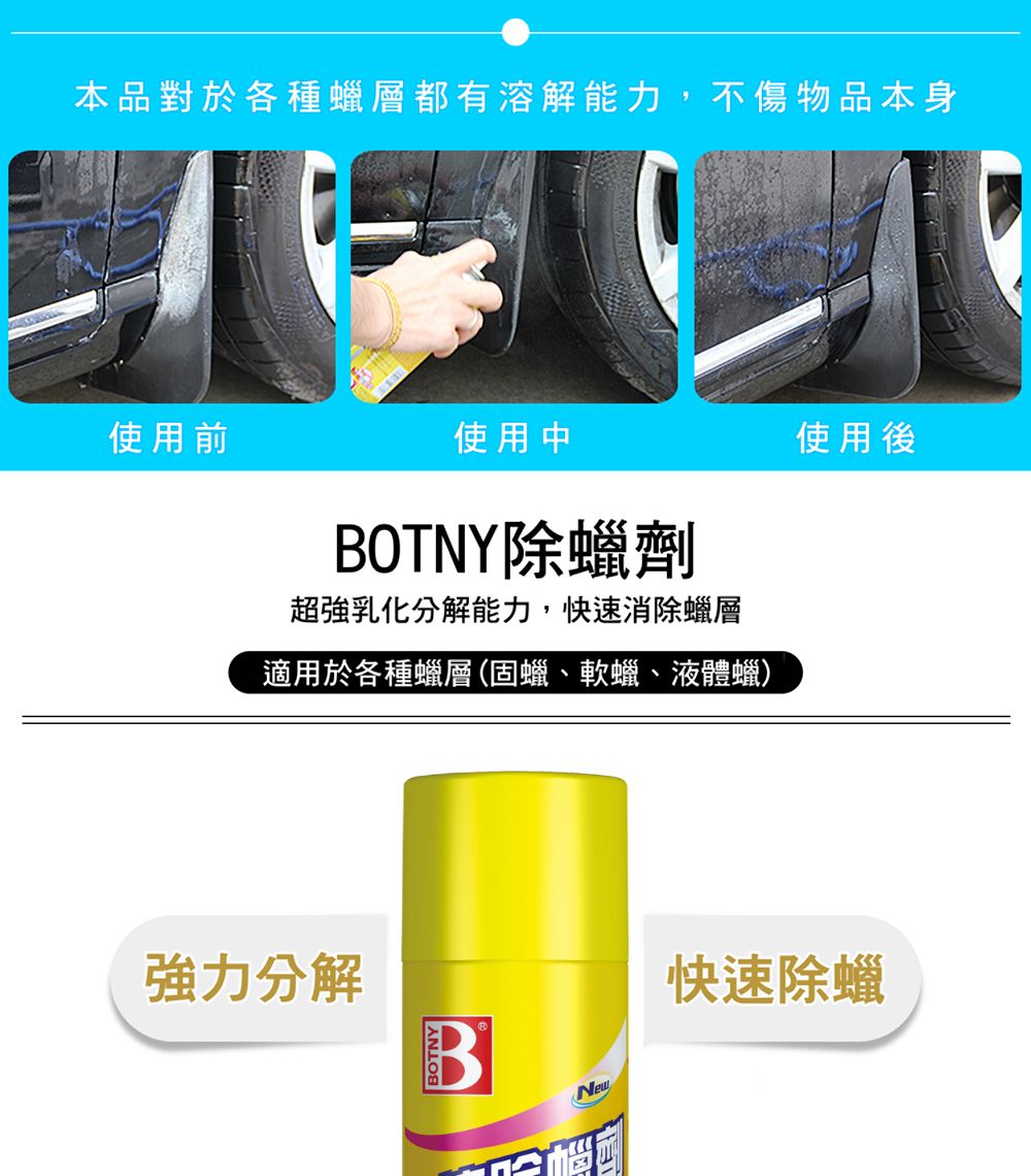 本品對於各種蠟層都有溶解能力,不傷物品本身使用前使用中BOTNY除蠟劑超強乳化分解能力,快速消除蠟層適用於各種蠟層(固蠟、軟蠟、液體蠟)使用後強力分解BBOTNYNew快速除蠟