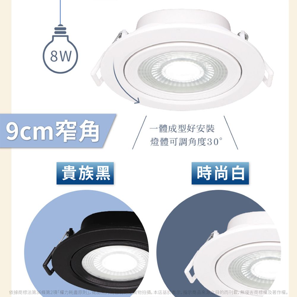 9cm窄角一體成型好安裝燈體可調角度30°貴族黑時尚白依據商標法第36條第2項權力耗盡原則物拍攝,本店基於表示、指示商品之目的而刊載,無侵害商標權及著作權。