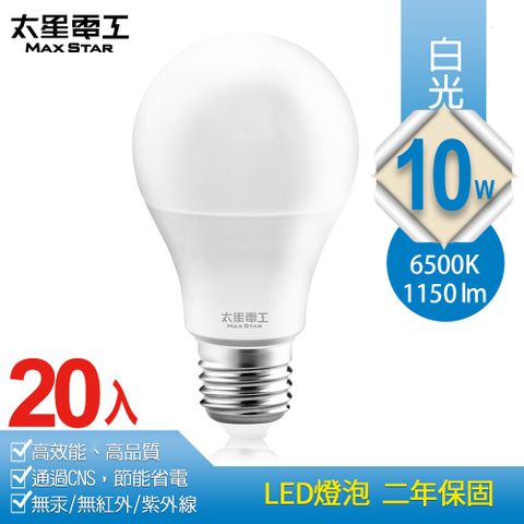 高效能、高品質、超節能【太星電工】10W超節能LED燈泡/白光(20入)