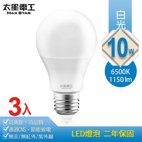 高效能、高品質、超節能【太星電工】10W超節能LED燈泡/白光(3入)