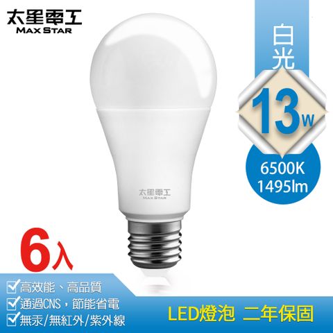 高效能、高品質、超節能【太星電工】13W超節能LED燈泡/白光(6入)