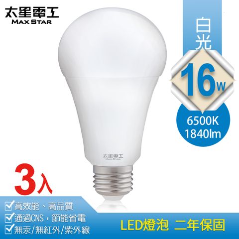 高效能、高品質、超節能【太星電工】16W超節能LED燈泡/白光(3入)