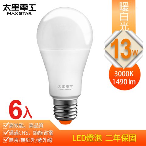 高效能、高品質、超節能【太星電工】13W超節能LED燈泡/暖白光(6入)