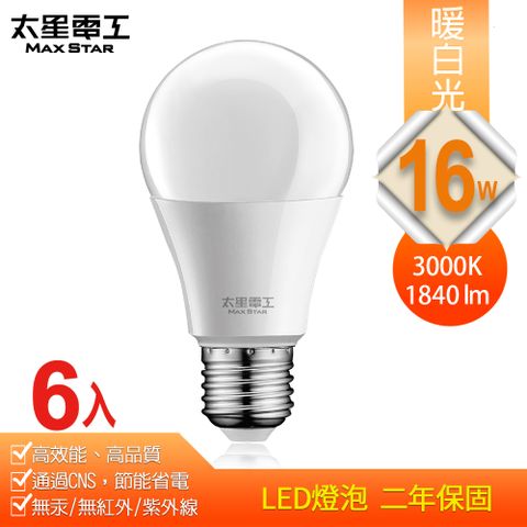高效能、高品質、超節能【太星電工】16W超節能LED燈泡/暖白光(6入)