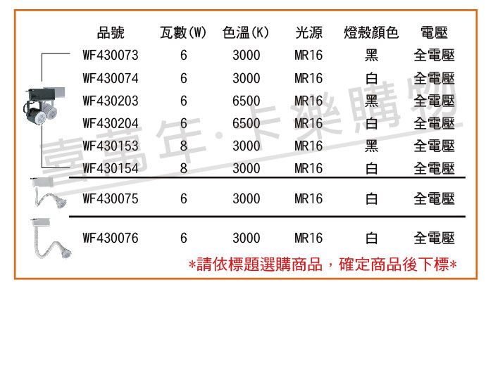 品號瓦數(W) 色溫(K)光源燈殼顏色電壓WF43007363000全電壓WF43007463000MR16全電壓WF43020366500MR16MR16WF43020466500MR16全電壓全電壓WF43015383000MR16黑全電壓WF43015483000MR16全電壓WF43007563000MR16全電壓WF43007663000MR16白全電壓*請依標題選購商品,確定商品後下標*