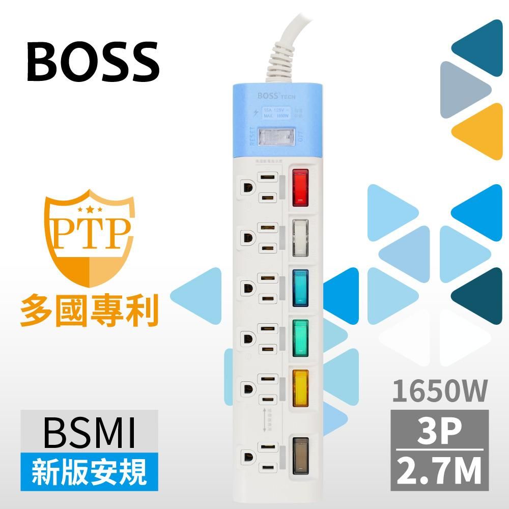 TRENY BOSS 7開6插3P高溫斷電延長線-2.7米