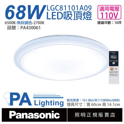 Panasonic國際牌 LGC81101A09 LED 68W 110V 厚層無框 調光調色 遙控吸頂燈 _ PA430061