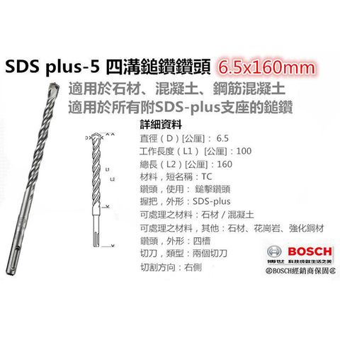 德國 BOSCH SDS plus-5 四溝鎚鑽鑽頭 6.5x160mm