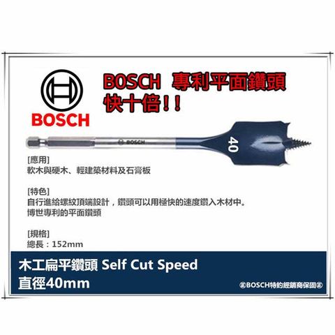 德國BOSCH 木工快速扁平鑽頭 40mm×152mm 1/4吋六角柄 10倍快!! 圓槽 開孔 洗洞