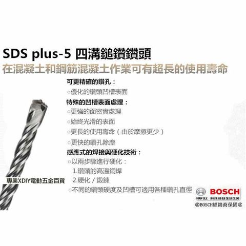 BOSCH 博世 德國  SDS plus-5 四溝鎚鑽鑽頭 9.5x160mm 適用於所有附SDS-plus支座的鎚鑽