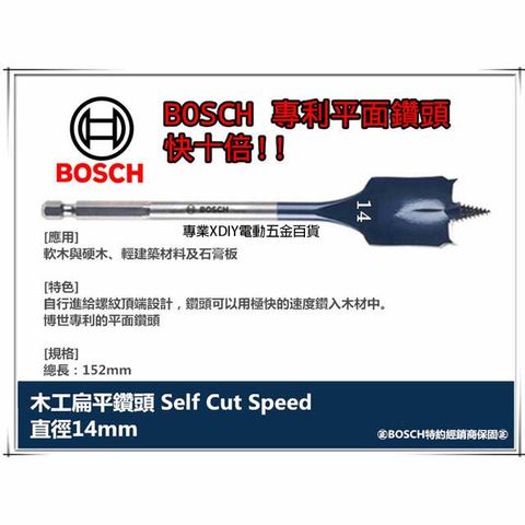 德國BOSCH 木工快速扁平鑽頭 14mm×152mm 1/4吋六角柄 10倍快!! 圓槽 開孔 洗洞