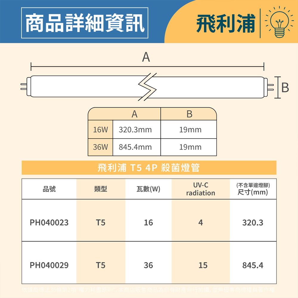 商品詳細資訊A飛利浦AB16W 320.3mm19mm36W 845.4mm19mm飛利浦 T5 4P 殺菌燈管UV-C(不含單邊燈腳)品號類型瓦數(W)radiation尺寸(mm)PH040023T5164320.3PH040029T53615845.4