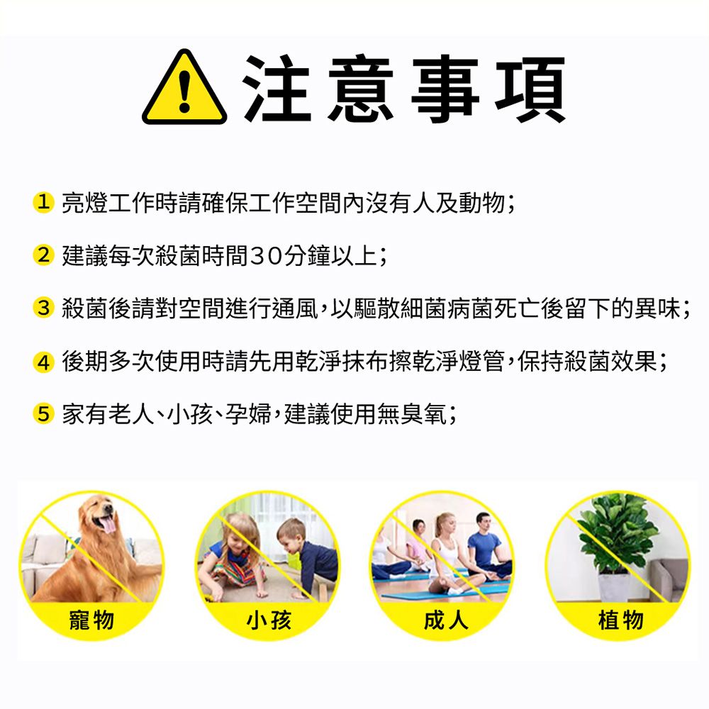 注意事項1 亮燈工作時請確保工作空間內沒有人及動物;2 建議每次殺菌時間30分鐘以上;3 殺菌後請對空間進行通風,以驅散細菌病菌死亡後留下的異味;4 後期多次使用時請先用乾淨抹布擦乾淨燈管,保持殺菌效果;5 家有老人、小孩、孕婦,建議使用無臭氧;寵物小孩成人植物