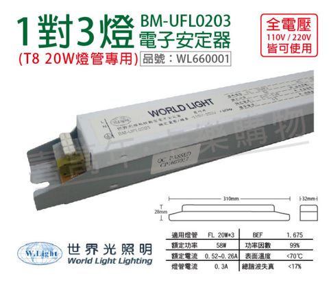 (2入) WORLD LIGHT 世界光 BM-UFL0203 FL 20W 3燈 全電壓 預熱啟動 電子安定器_WL660001