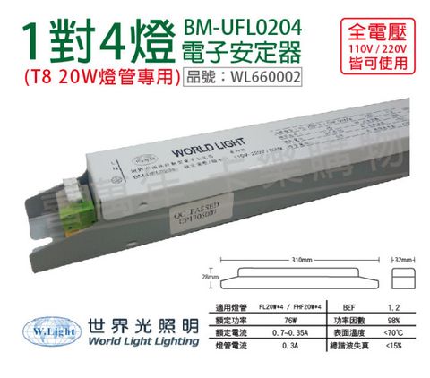 (2入) WORLD LIGHT 世界光 BM-UFL0204 FL 20W 4燈 全電壓 預熱啟動 電子安定器_WL660002