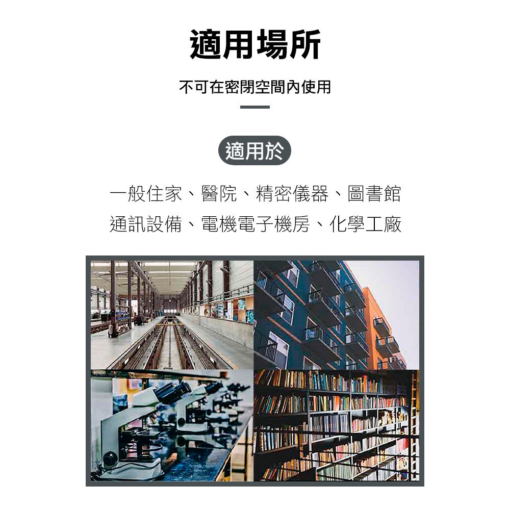 適用場所不可在密閉空間內使用適用於一般住家、醫院、精密儀器、圖書館通訊設備、電機電子機房、化學工廠