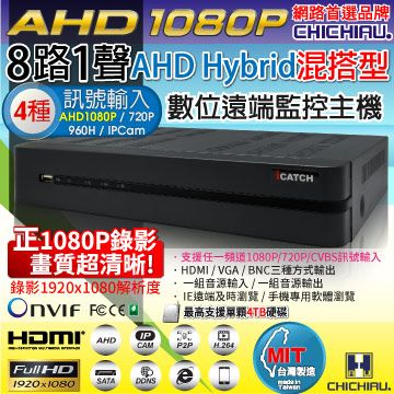 【CHICHIAU】8路AHD 正1080P台製iCATCH數位高清遠端監控錄影主機-DVR支援AHD 1080P/720P/IPCAM/960H傳統類比監視器攝影機